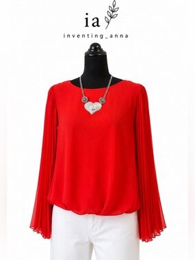 Vibrant Red Pleated-Sleeve Women's Blouse - Elegant Casual